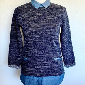 Ann Taylor Heathered Navy Sweater w/ Denim Collar & Shirttail Hem Preppy Classic